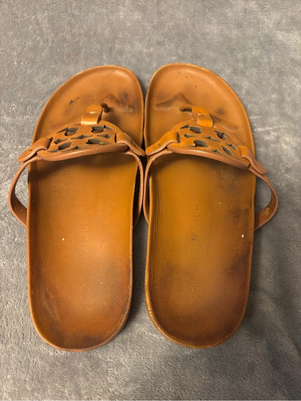 Tory Burch Cognac Leather Logo Thong Sandals